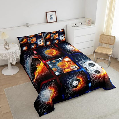 Sports Comforter Sets For Boys Full,Teen Basketball Baseball Football Bedding Comforter Set For Men Volleyball Soccer Hockey Quilt Comforter,Red Blue Water And Fire Lightning Bed Duvet 2 Pillow Cases