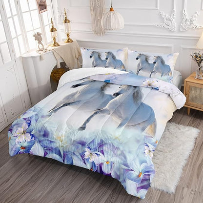 Kid Galloping Horse Comforter Set Floral Butterfly Horse Bedding Set for Boys Girls Adult, 1 Comforter + 2 Pillowcases