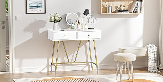 Anmytek Modern Home Office Desk, 35.4 Inch Makeup Vanity Table White Study Desk 2 Drawers Writing Desk Computer Desk with Golden Legs, D0002