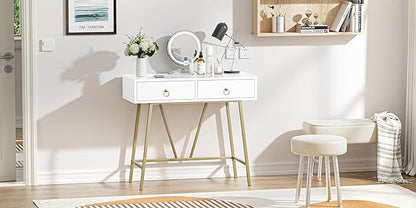 Anmytek Modern Home Office Desk, 35.4 Inch Makeup Vanity Table White Study Desk 2 Drawers Writing Desk Computer Desk with Golden Legs, D0002