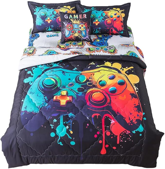 ADASMILE A & S Gamer Comforter Sets for Boys Teens 6 Pieces Gaming Bedding Set Twin Size Colorful Video Game Gaming Comforter for Kids Gamer Bed in A Bag Comforter with Gamer Sheets Home Decor