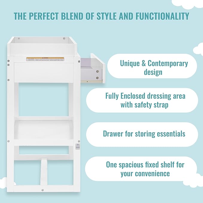 Arlo Changing Table in White, Made of Solid New Zealand Pinewood, Non-Toxic Finish, Comes with Water Resistant Mattress Pad & Safety Strap