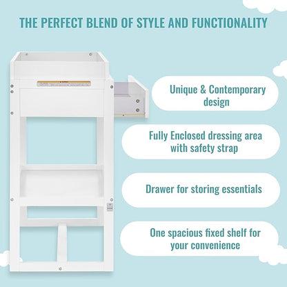 Arlo Changing Table in White, Made of Solid New Zealand Pinewood, Non-Toxic Finish, Comes with Water Resistant Mattress Pad & Safety Strap