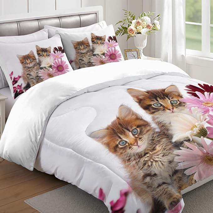 Cat Comforter Set Queen Size for Kids Pink Flowers Cats 3Pcs Bedding Set for boys and Girls (1Summer Comforter+ 2 Pillowcases) Lovely Animal Pets Duvet Set