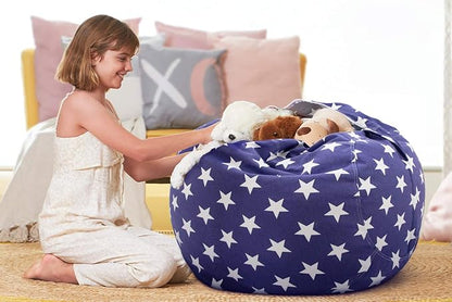 Aubliss Stuffed Animal Storage Bean Bag Chair Cover (No Beans)，Stuff and Sit Storage Bean Bag for Kids Toy Storage, Large 38"-Canvas Stars Royal Blue