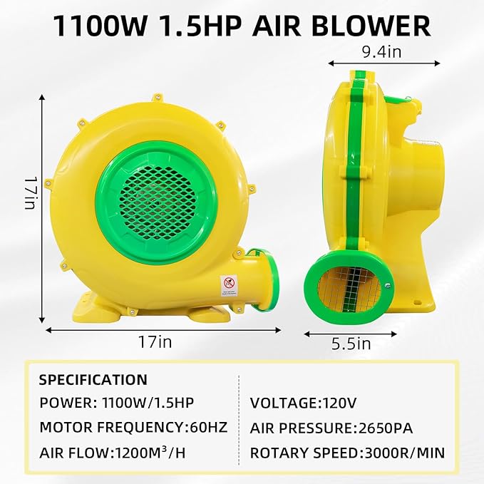 1100Watt/1.5HP High Power Air Blower for Large Inflatables, GONFLABLE Inflatable Bounce House Blower, Portable Fan Pump Blower Corded Commercial for Bouncy Castle, Jumper, Water Slide