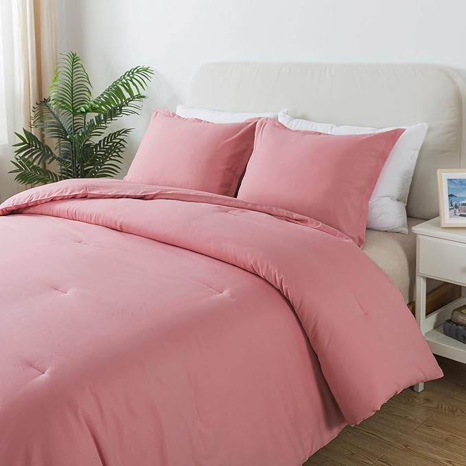 Pink Comforter Set Twin Size, Solid Blush Women Girls Pink Down Alternative Boho Bedding Comforter Set, Breathable Fluffy Microfiber Comforter (68"x90") for All Seasons with Pillowcase