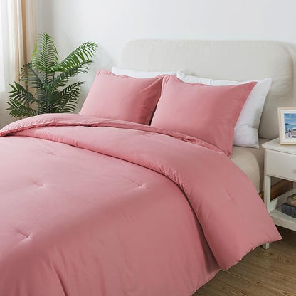 Pink Comforter Set Full Size, Solid Blush Girls Pink Down Alternative Boho Bedding Comforter Set, Breathable Fluffy Microfiber 3 PCS Comforter Set for All Seasons