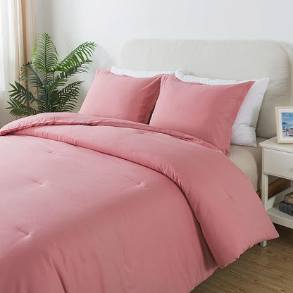 Queen Pink Comforter Set, Blush Women Girls Pink Skin-Friendly Boho Bedding Set & Collections, Breathable Fluffy Microfiber 3 PCS (90"x90") Comforter Set for All Seasons with Pillowcases