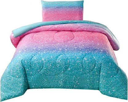 JQinHome Twin Glitter Comforter Sets for Girls, 3D Colorful Duvet Pink Rainbow Themed Bedding, All-Season Reversible Quilted Duvet, for Girls Teen Women - includes 1 Comforter, 1 Pillowcase