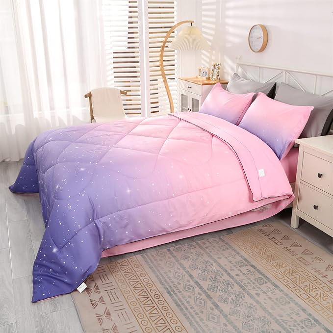 Wowelife Glitter Comforter Set Pink Queen 5 Pieces Galaxy Bedding Set Purple Kids Bedding Set Rainbow Bed in a Bag for Boys and Girls with Comforter, Flat Sheet, Fitted Sheet and 2 Pillowcases