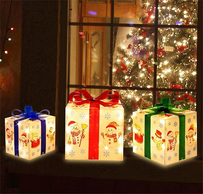 [Large 8.5"x7"x6" Christmas Set of 3 Lighted Gift Boxes Decorations Pre-lit 70 Super-Bright LED with Flashers,for Indoor Outdoor Christmas Tree Skirt Ornament Pathway Holiday Party Home