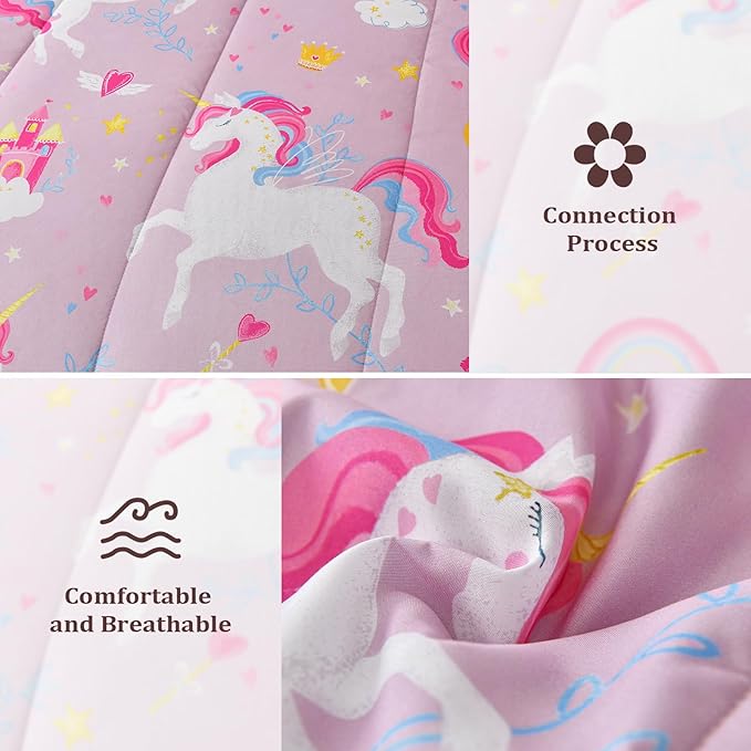 Queen Comforter Set for Girls, 7 Pieces Bed in a Bag with Shams, Sheet Set, Pink Unicorn Double Soft Microfiber Kids Comforter Bedding Set