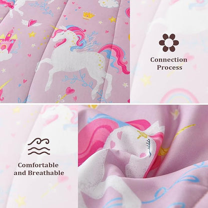 Kids Comforter Twin Bedding Sets for Girls, 6 Pieces Bed in a Bag with Shams, Sheet Set, Pink Unicorn Double Soft Microfiber Kids Comforter Bedding Set