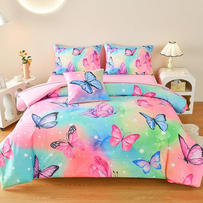 Butterfly Bedding Set Full, Pink Butterfly Comforter Set for Girls Kids Teens 6 pcs Bed in a Bag Full Bedding Sets for Girls