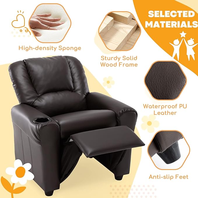 JC HOME CANDY Kids Chair Leather Recliner Sofa Toddler Youth Children Child Ages 3-7, Brown