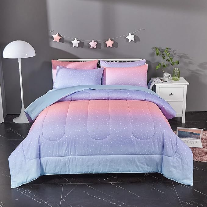 Rainbow Comforter Set for Teen Girls Women,Full/Queen Size 5 Piece Bed in A Bag,Metallic Printed Glitter Comforter and Sheets,Ultra Soft Microfiber All Season Bedding Set(Full/Queen,Blue)