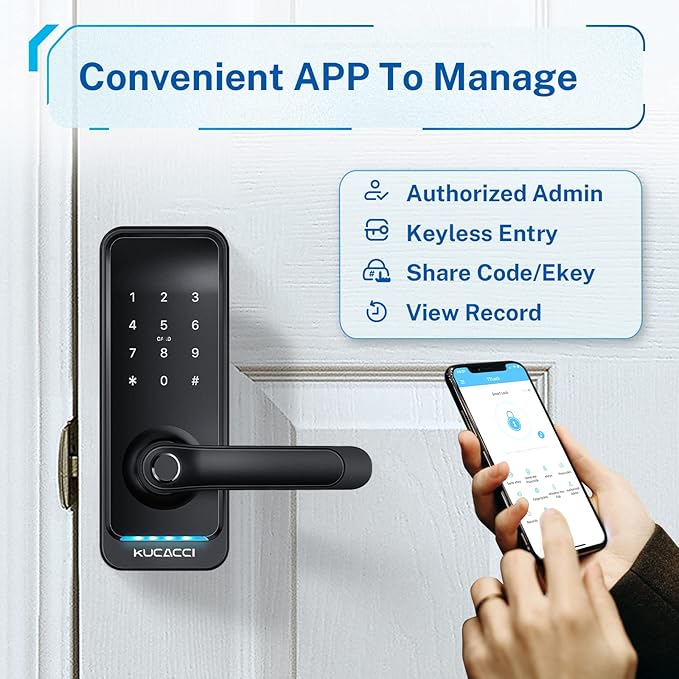 Smart Door Lock with Handle: Kucacci Keyless Entry Digital Door Lock for Front Door - Fingerprint Keypad Smart Dnob - Generate Passcode Remotely - App Control - Easy Installation(Black)