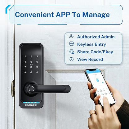 Smart Door Lock with Handle: Kucacci Keyless Entry Digital Door Lock for Front Door - Fingerprint Keypad Smart Dnob - Generate Passcode Remotely - App Control - Easy Installation(Black)