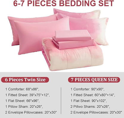 Dinjoy Girls Comforter Set Full Size Colorful Rainbow Ombre Pink Bedding Set Gradient Soft Lightweight 7 Pieces Bed in A Bag for Kids Teen Women(1 Comforter, 1 Flat Sheet, 1 Fitted Sheet)