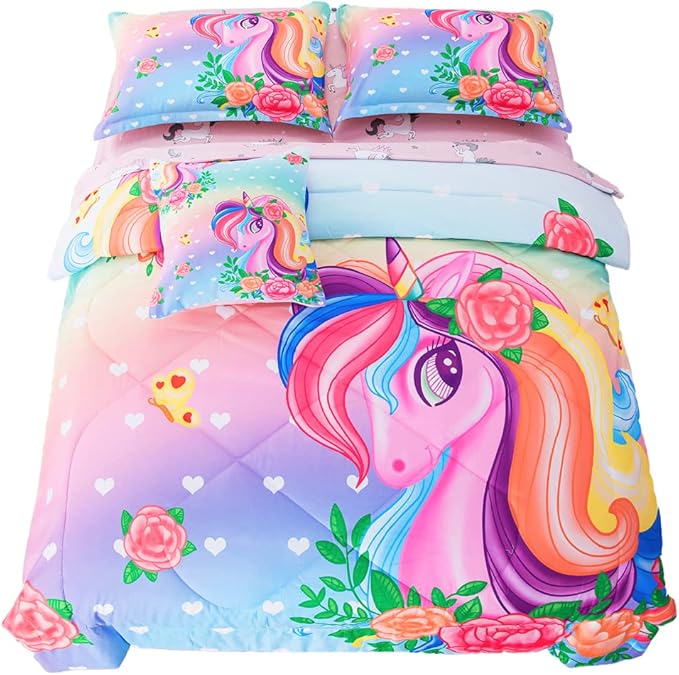 ADASMILE A & S Unicorn Comforter Set Twin with Sheets 6 Pieces Floral Pink Unicorn Bedding Set for Girls Kids Unicorn Sheets Soft Bed-in-a-Bag Comforter Reversible Bed Comforter Set for Home Decor