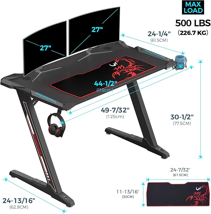 EUREKA ERGONOMIC Z1-S Pro Gaming Desk 44.5" Z Shaped Home Office PC Computer Desks Gamer Tables with LED Lights Controller Stand Cup Holder Headphone Hook Free Mousepad for Men Boyfriend Female Gift