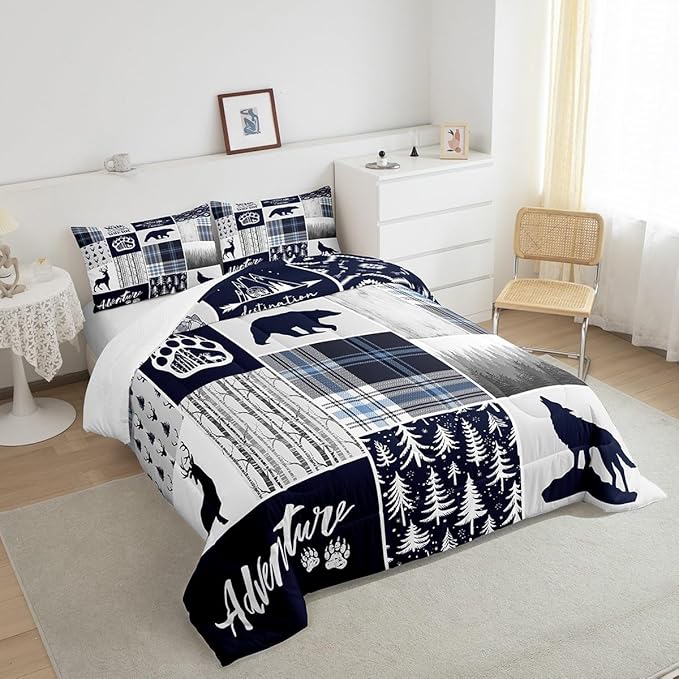 Manfei Deer Bear Kids Comforter Set Full Size,Wolf Hunting Adventure Rustic Bedding Set for Boys Girls Adults Room Decor,Geometric Plaids Patchwork Down Comforter,Blue Xmas Duvet Insert,2 Pillowcases