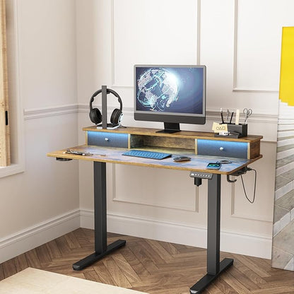 Electric Adjustable Standing Desk, Sit Stand Desk with Power Outlets & LED Lights 48”Adjustable Height Standing Desk with Drawers Adjustable Table Desk Riser for Home Office