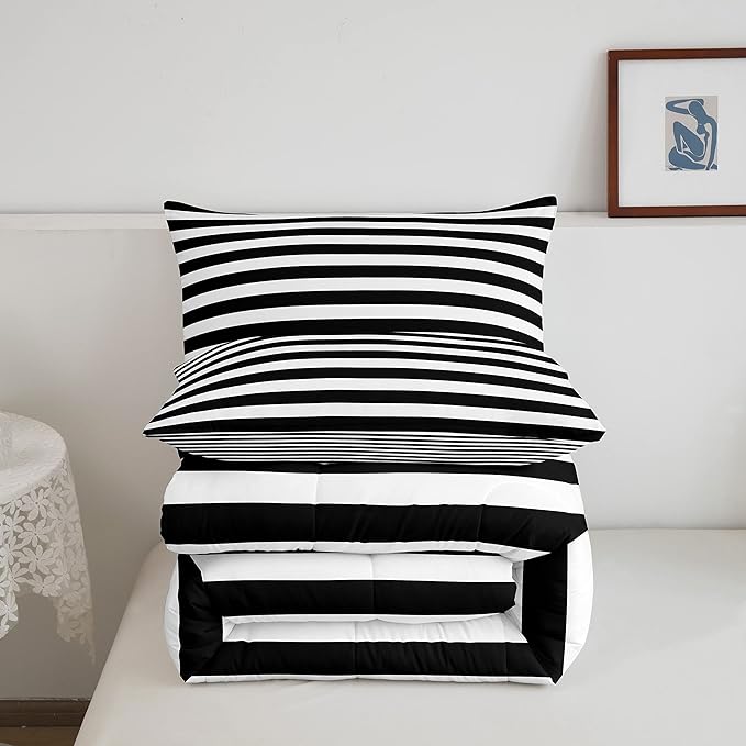 Striped Comforter Set Black and White Stripe Bedding Set Full Kids Boys Girls Women Men Farmhouse Ticking Stripes Duvet Set Horizontal Stripes Adults Abstract Gothic Home Decor Soft Reversible