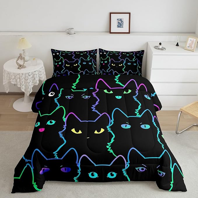 Erosebridal Cute Cat Kids Comforter Neon Rainbow Line Cat King Bedding Set for Boys Girls Teen Cartoon Kawaii Cats Toddler Bed Set Colorful Animals Quilt Set Reversible Black,2 Pillow Cases