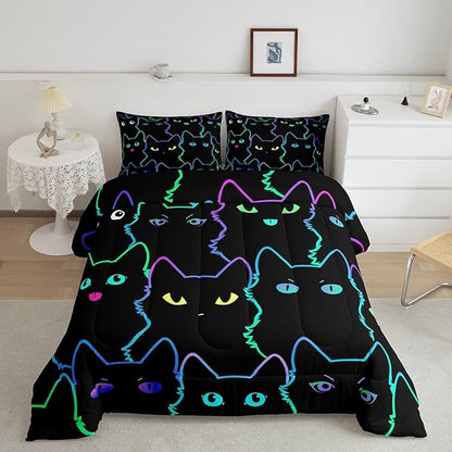 Erosebridal Cute Cat Kids Comforter Neon Rainbow Line Cat Twin Bedding Set for Girls Boys Teen Cartoon Kawaii Cats Toddler Bed Set Colorful Animals Quilt Set Reversible Black,1 Pillow Case