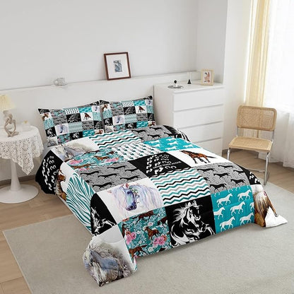 Horse Bedding,Western Farmhouse Horse Comforter Set For Girls Full Bed,Boho Arrow Teal Zebra Stripe Comforter For Kids Boys Women,Rose Flower Rustic Cowboy Quilt Duvet sets 2 Pillowcases Black White