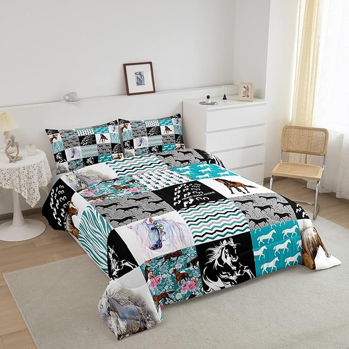 Kawaii Western Bedding,Cute Horse Queen Size Comforter Set For Teen Boys Girls,Rustic Farm Animal Bedding Set Cowboy Cowgirl Boho Comforter Arrow Rose Flower Horseshoe Quilt Set 2 Pillowcases Teal