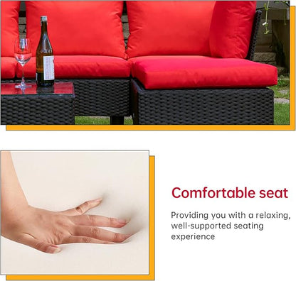 FDW Patio Furniture Sets 5 Pieces Outdoor Wicker Conversation Set Sectional Sofa Rattan Chair for Outdoor Backyard Porch Poolside Balcony Garden Furniture with Coffee Table,Red Cushion