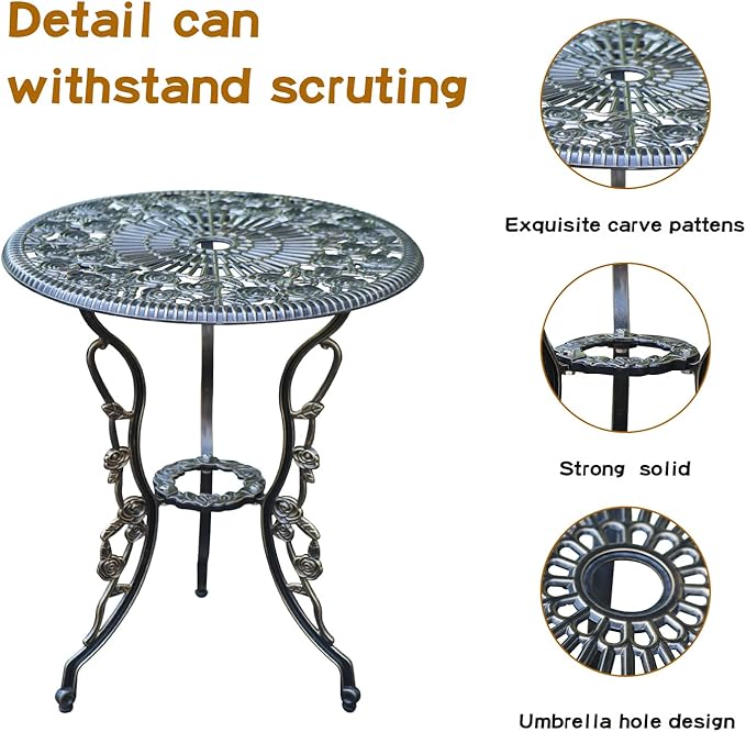 Patio Bistro Set.Rust-Resistant Cast Aluminum Bistro Table Set with Umbrella Hole for Backyard (Rose Copper)