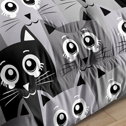 Cat Queen Comforter Set for Bedroom - 3Pcs Grey Cat Comforter Set for Teens Kids Cute Cartoon Cat Bedding Set Ultra Soft Warm Lightweight Kawaii Animal Patterns Comforter with 2 Pillowcases
