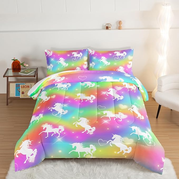 HOSIMA Unicorn Bedding 3pcs Rainbow Comforter Set with 2 Pillowcases,Sparkle Stars Twin Bed in a Bag Sets for Adults Teen Girls,Cute Rainbow Unicorn Twin Comforter Princess Toddler Bedding Set.