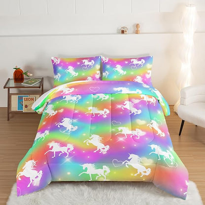 HOSIMA Unicorn Bedding 3pcs Rainbow Comforter Set with 2 Pillowcases,Sparkle Stars Twin Bed in a Bag Sets for Adults Teen Girls,Cute Rainbow Unicorn Twin Comforter Princess Toddler Bedding Set.
