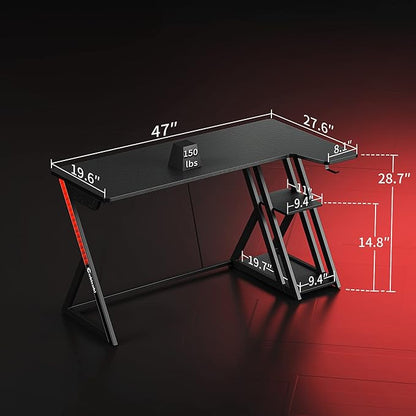 CubiCubi Aurora Gaming Desk with Carbon Fiber Surface, 47 Inch L Shaped Desk with Storage Shelves, Small Corner Computer Desk with Monitor Shelf, Gamer Desk PC Table, Black