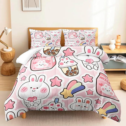CVHOUSE Kawaii Bunny Comforter Sets King for Girls Women,Kawaii Bedding Sets King Set,Kawaii Bedspread,Kawaii Duvet,Kawaii Bed Set,Kawaii Quilt Set 3 Pcs 1 Comforter and 2 Pillowcases