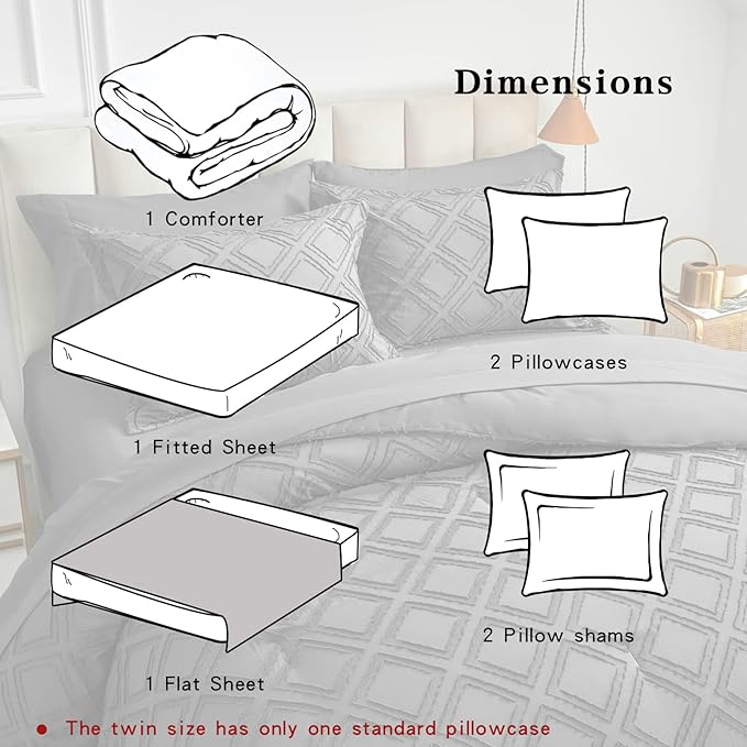 7 Pieces Tufted Bed in a Bag Queen Comforter Set with Sheets Dark Grey, Soft and Embroidery Shabby Chic Boho Bohemian, Solid Color with Diamond Pattern, Jacquard Tufts Bedding Set for All Season