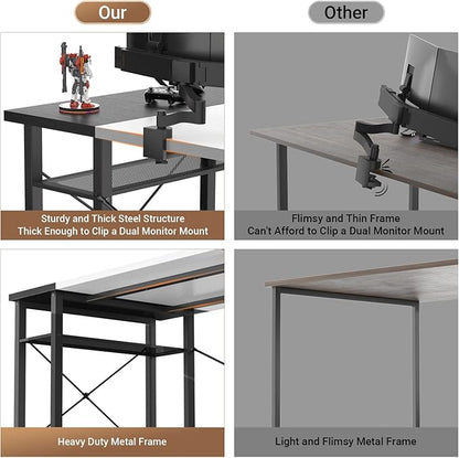 armocity Computer Desk, 55 Inch Desk with Power Outlet and USB, Reversible Large Desk with Moveable Monitor Stand, Industrial Gaming PC Table for Home Office, Workstation, White and Black
