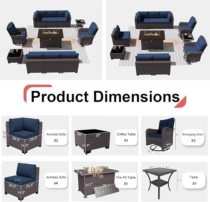 Patio Furniture Sectional Sofa Set 11PCS PE Rattan Swivel Rocking Chairs Patio Conversation Set w/43in Gas Fire Pit Table, Outdoor Furniture with 55000 BTU Propane Fire Pit, Navy Blue