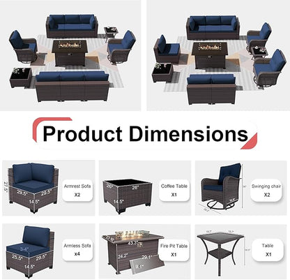 Patio Furniture Sectional Sofa Set 11PCS PE Rattan Swivel Rocking Chairs Patio Conversation Set w/43in Gas Fire Pit Table, Outdoor Furniture with 55000 BTU Propane Fire Pit, Navy Blue