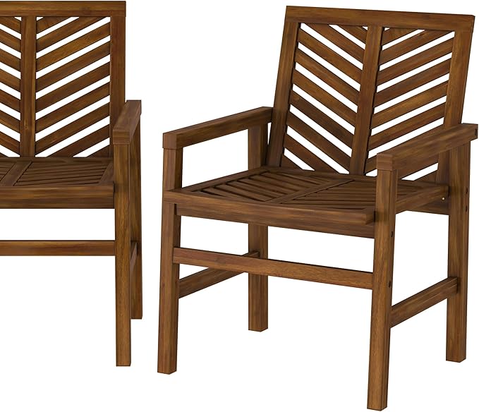 Walker Edison 2 Piece Outdoor Patio Chevron Wood Chair Set All Weather Backyard Conversation Garden Poolside Balcony, Set of 2, Dark Brown
