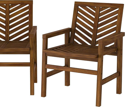 Walker Edison 2 Piece Outdoor Patio Chevron Wood Chair Set All Weather Backyard Conversation Garden Poolside Balcony, Set of 2, Dark Brown