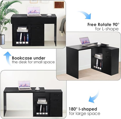 L-Shaped Rotating Computer Desk with Storage Shelves 68 inch Home Office Desk Corner with Drawers and File Cabinet Multipurpose Study Writing Table for Bedroom Small Space Black