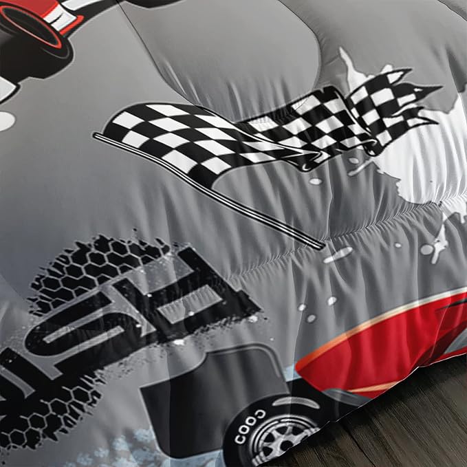 Axolotl Kid Comforter Set Twin Size,Racing Car Bedding Set for Boys Girls Teen Kids Children Car Racing Gifts,Race Cars Quilt Bed Set with 1 Comforter 2 Pillowcases,Red Grey