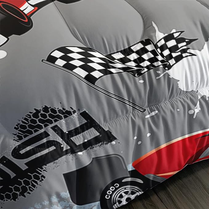 Axolotl Kid Comforter Set Full Size,Racing Car Bedding Set for Boys Girls Teen Car Racing Gifts,Race Cars Quilt Bed Set with 1 Comforter 2 Pillowcases,Red Grey