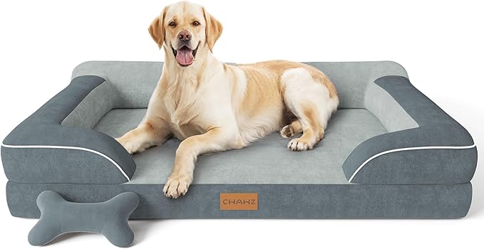 Jumbo Orthopedic Dog Bed for Extra Large Dogs With Cooling Gel Memory Foam, Waterproof Removable Washable Cover, 45" Sofa Couch Dutch Velvet With Bone Toy, Dark Gray